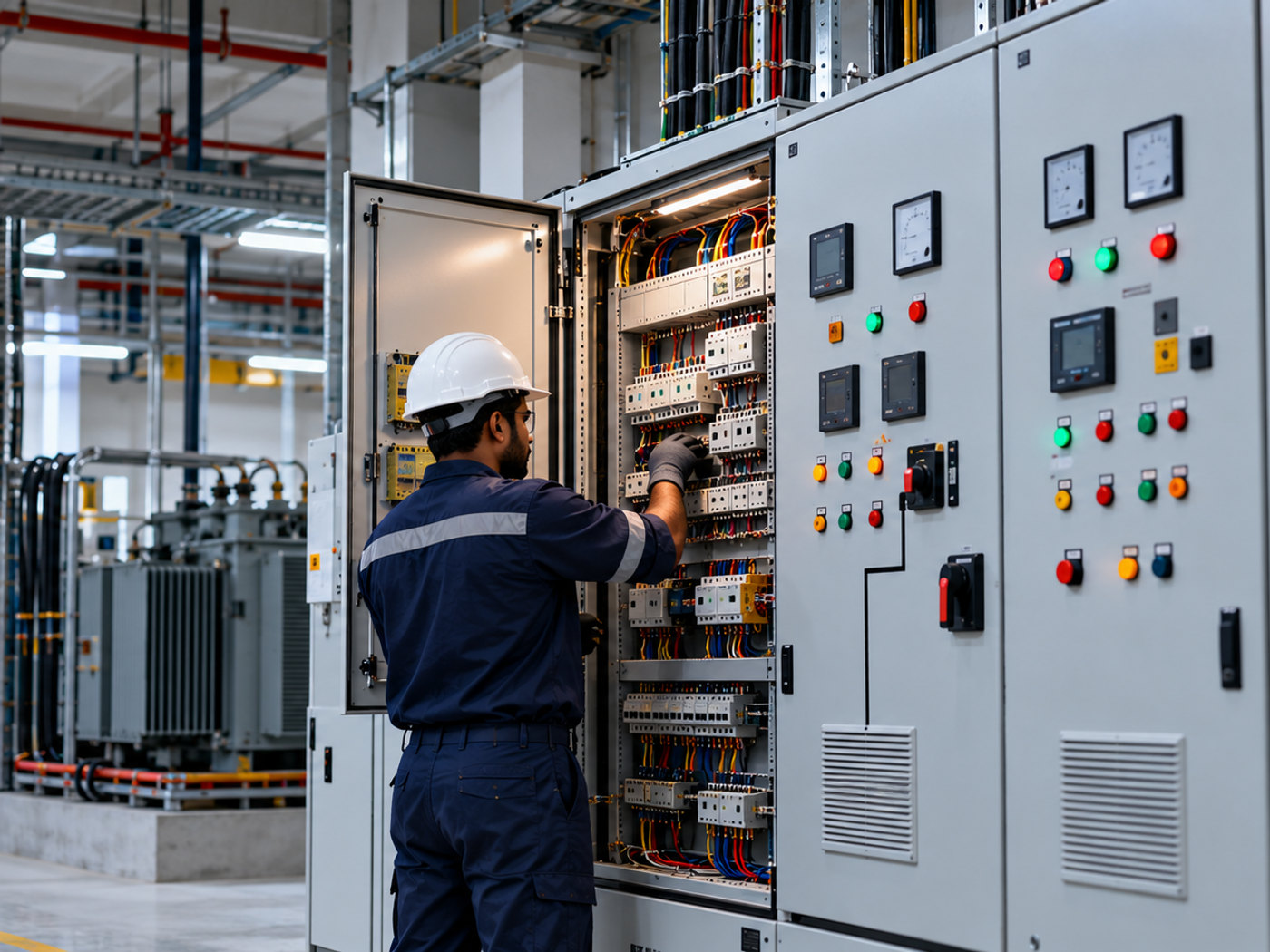 A technician working inside an electrical control panel in a switchroom