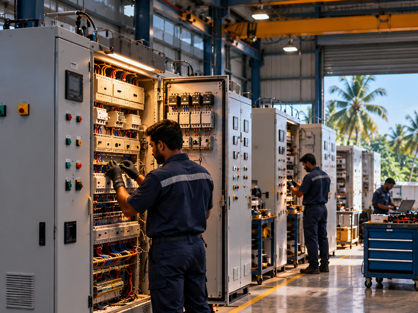 Electrical control panels being wired and tested on a panel assembly floor